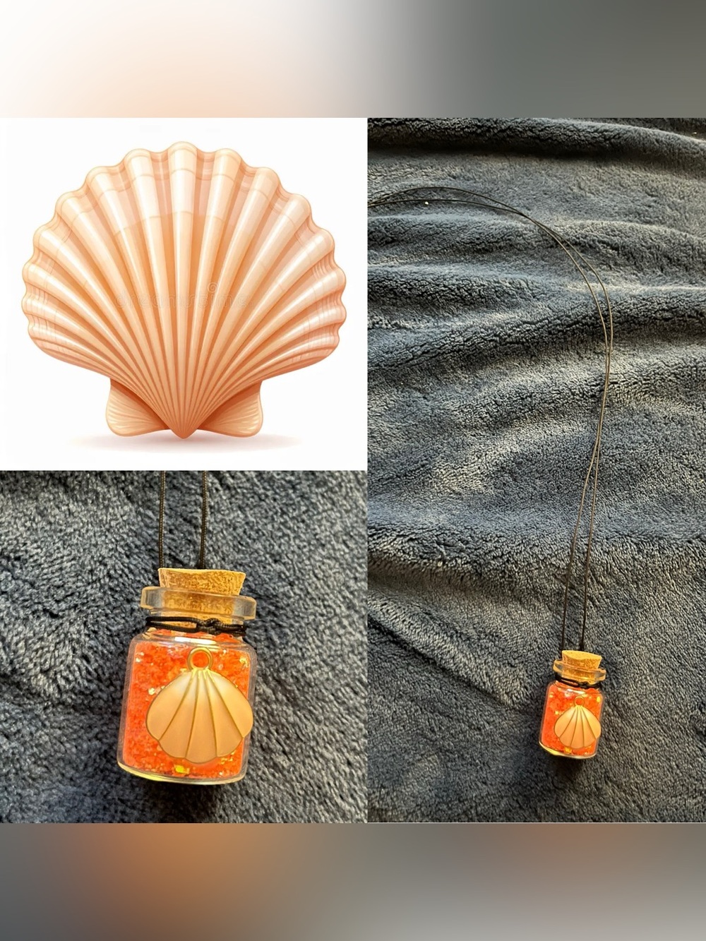 Orange/Peach Seashell Fairy Potion Glitter Bottle Necklace w/ Pendant
